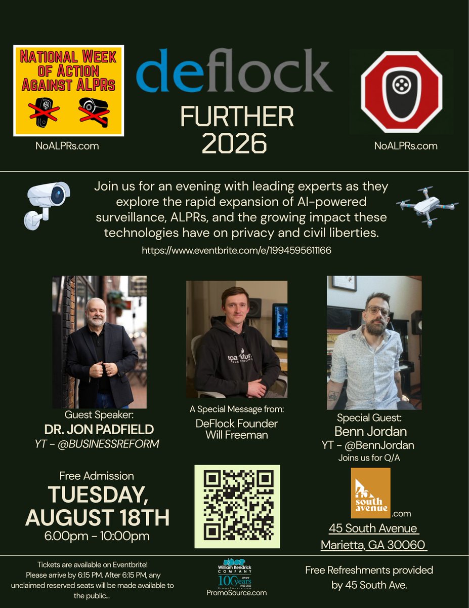 therealDeFlock's tweet photo. Come see @bennjordan Aug 18th as he joins @Dr_Jon_Padfield  and others from @therealDeFlock to discuss the current state of mass surveillance in the Country and where we all go from here.

Seats are limited!

https://t.co/GVHgp4Qnu3
#DeFlock #Surveillance #Privacy #Flock #AI #Atlanta