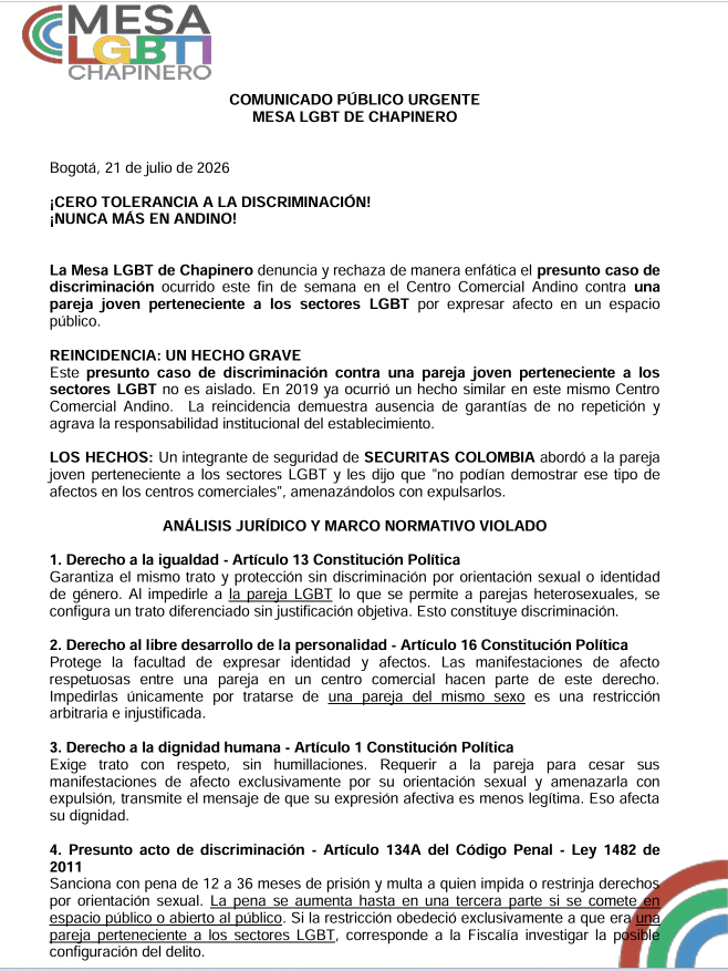 OrgulloLGBT's tweet photo. ¡CERO TOLERANCIA A LA DISCRIMINACIÓN! ¡NUNCA MÁS EN ANDINO! https://t.co/NyOQNH0GHG

cc @centro_andino @SecuritasCol @rodribastidass @JhoanLoaiza @alejomichells @EstebanH_ @CamDiversidad @Elbayabuyiba https://t.co/QYMIVydE9Q