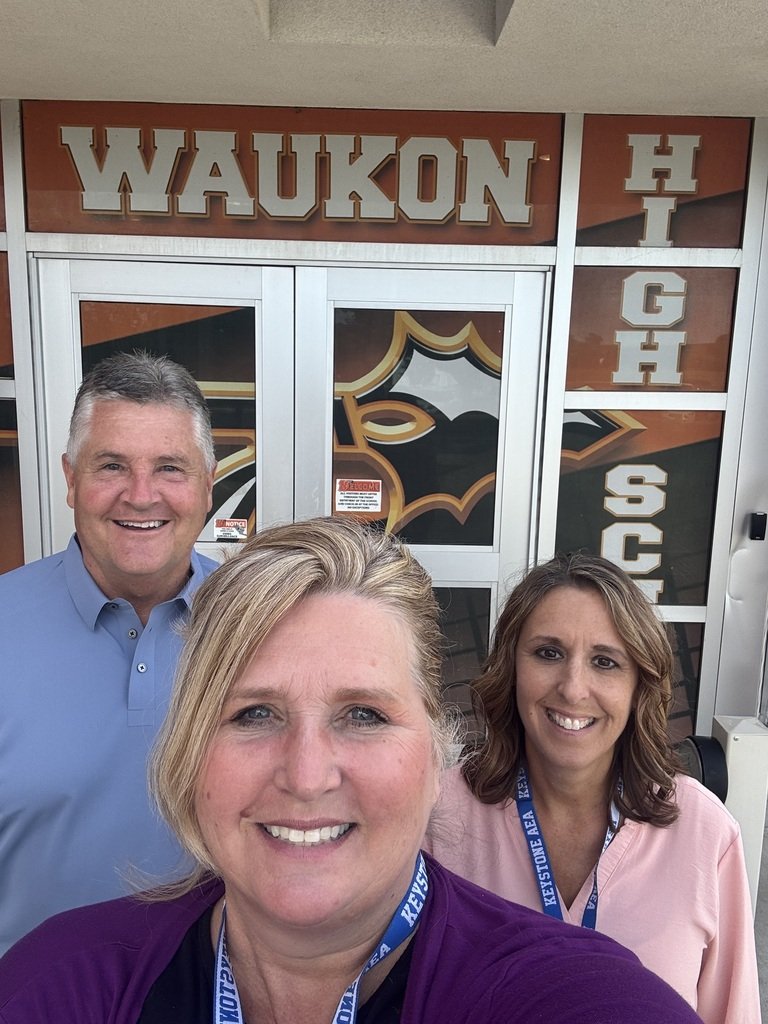 KeystoneAEA's tweet photo. Keystone AEA Corner to Corner Tour continues Day 6!  
Barb &amp; Annette at Allamakee &amp; Eastern Allamakee with Supt Jay, who is an alumni of Waukon HS!  We learned about  awesome culture &amp;  exemplary state report card data! 

#SelfieWithSupt #GroundedForGrowth #KeystoneRoadReport https://t.co/pvcj6AYVjG