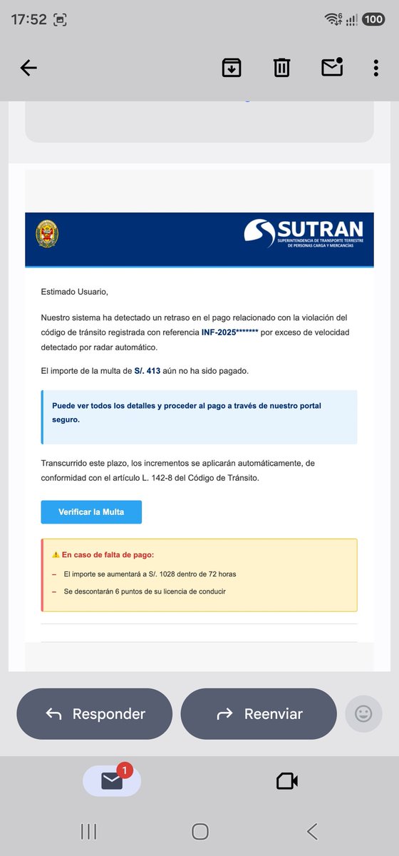 JaRoBeGo73's tweet photo. Nueva estafa phishing o bichos para robar datos, dicen que tienes una multa, y te mandan un "enlace seguro" y si entras te roban, miren siempre quien lo envía y de qué fuente viene, a ver si Sutran tiene estos enlaces. @PoliciaPeru @FiscaliaPeru @MininterPeru https://t.co/WoYtnszUnh