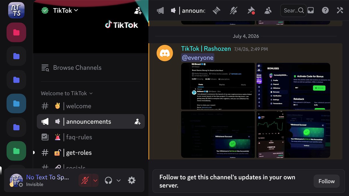 notexttospeech's tweet photo. So.... the Official Tiktok Discord server (.gg/tiktok) got hacked by the Mr. Beast casino scam https://t.co/bild1jZU31