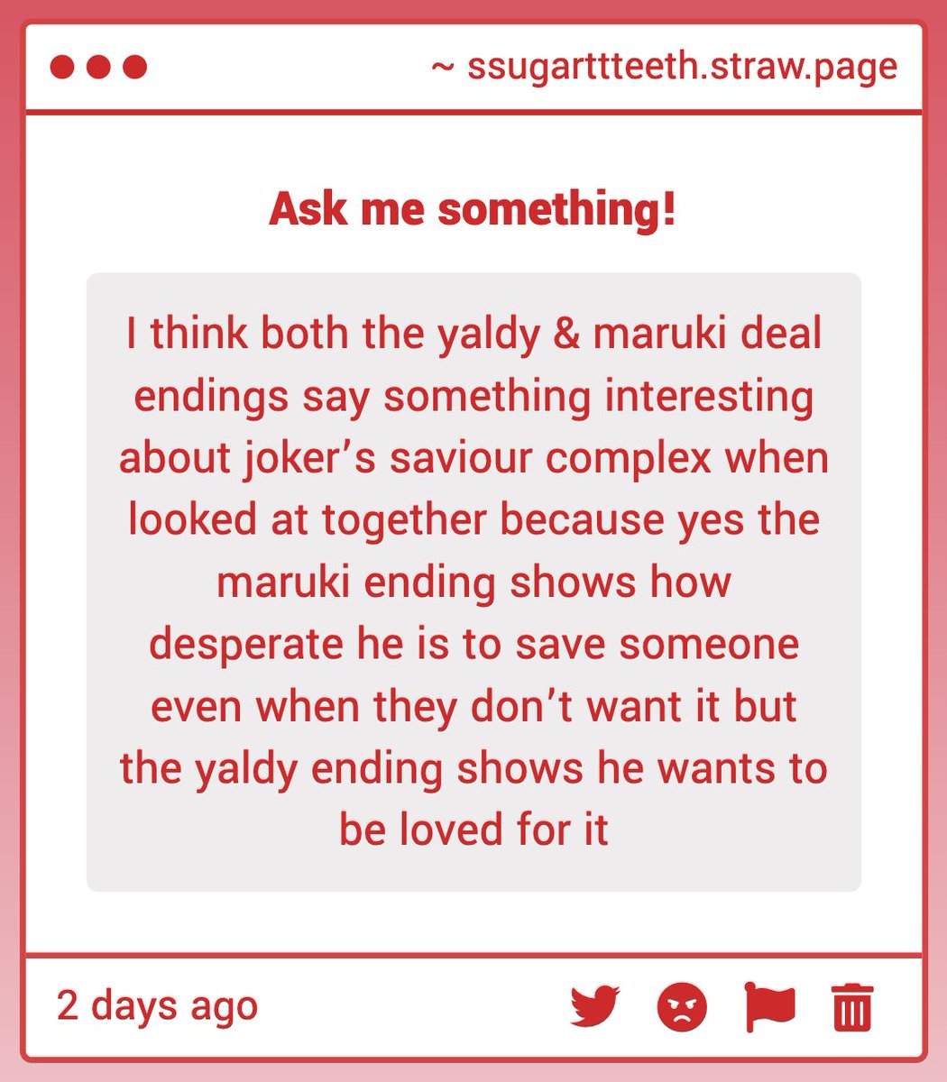 ssugartteeth's tweet photo. omg yes. the yaldabaoth ending is so interesting. like, on one hand, with the maruki bad ending: ren loves &amp; deeply cares about all his friends + cannot stand that he wasn't able to save someone that he cared about. he is NEVER selfish in game (1/6) https://t.co/AoRca2EXlU