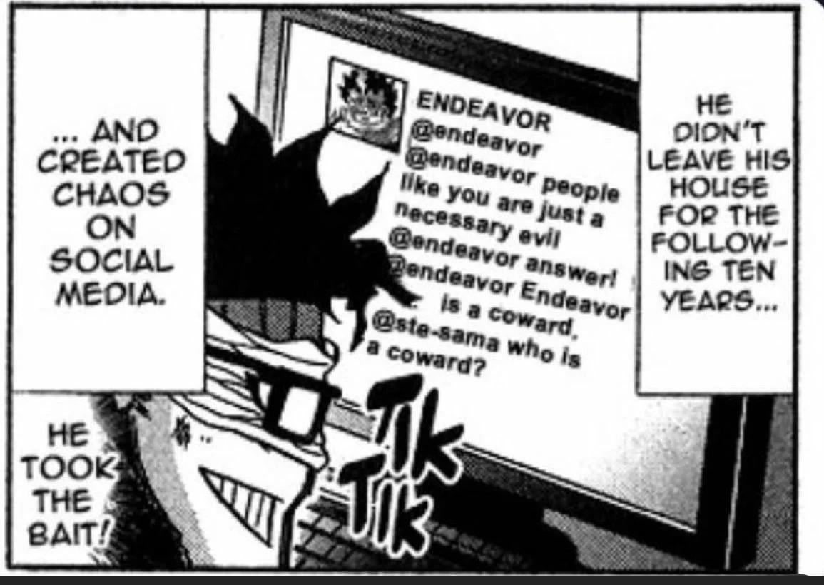 FreakarakiLover's tweet photo. I just recently found out that Stain rage baiting Endeavor is actually real https://t.co/na8Plebbqn