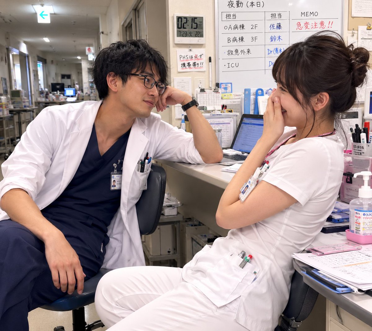 ao_xin514761's tweet photo. 当直中呼び出されて、デエビゴ処方するときナースステーション寄ったら

仕事終わっているはずの若手医師と看護師が駄弁っていて夏 https://t.co/lFK0k9KHgq