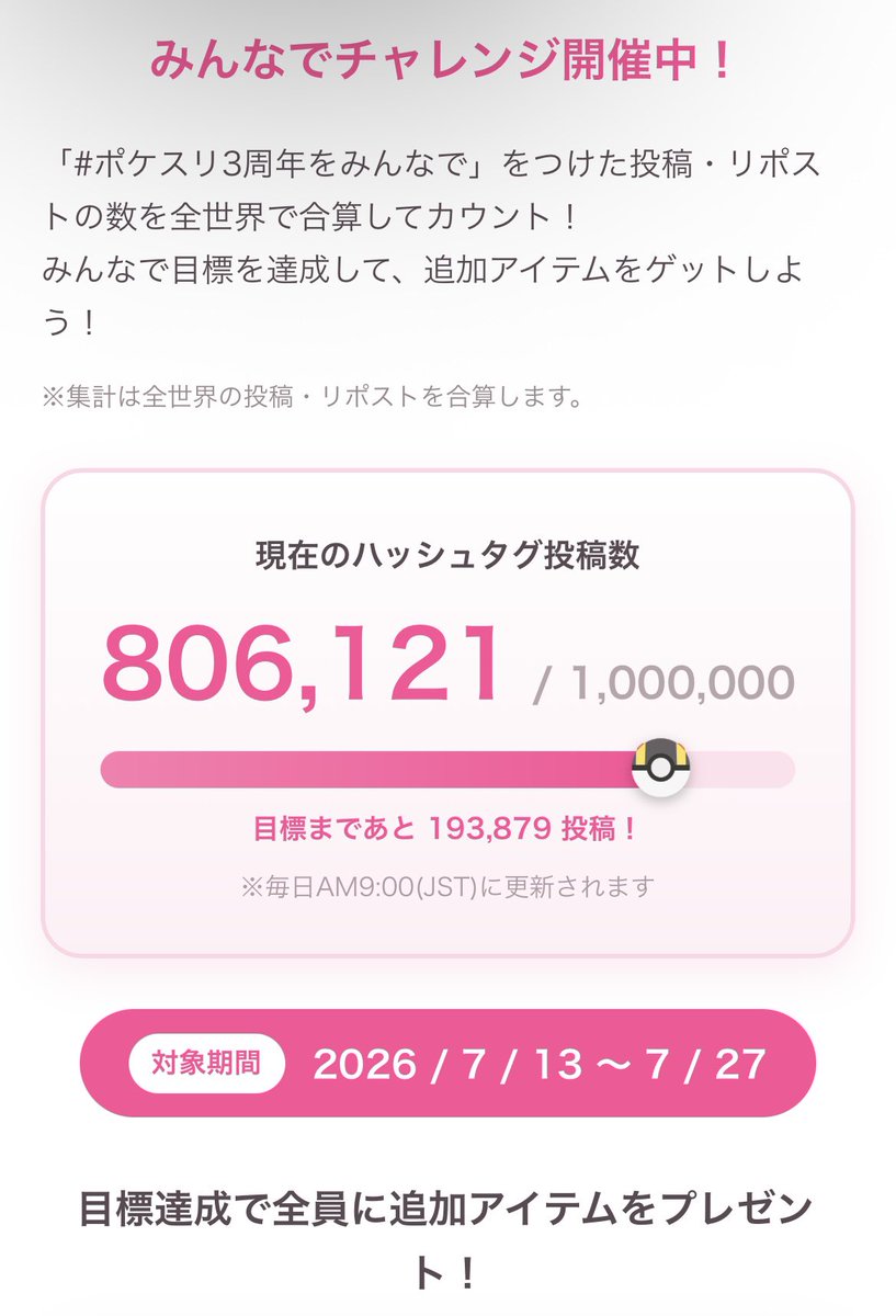 ojojsomsom0514's tweet photo. 【#ポケスリ3周年をみんなで     キャンペーン開催中！】
#ポケモンスリープ     

余裕で達成できるかと思いきや、、、、
ギリギリ😂
このポストをリポストしまくってー😭 https://t.co/4znwspe5Bm