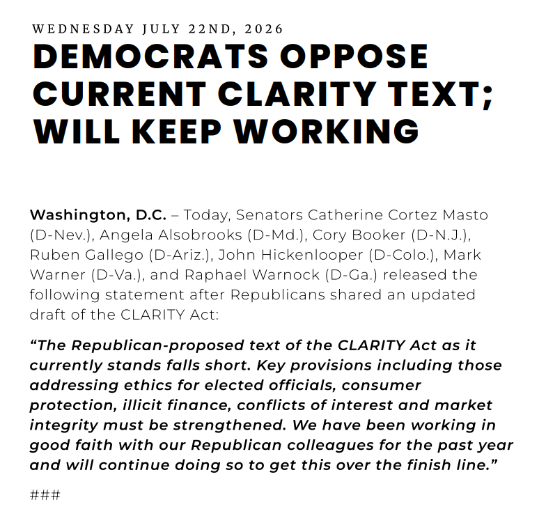 Cointelegraph's tweet photo. 🇺🇸 JUST IN: Seven pro-crypto Senate Democrats say the Republican-drafted CLARITY Act still falls short on ethics, consumer protection, and illicit finance provisions.

They say they remain committed to working with Republicans to get the bill over the finish line. https://t.co/XVkRxwTN3I