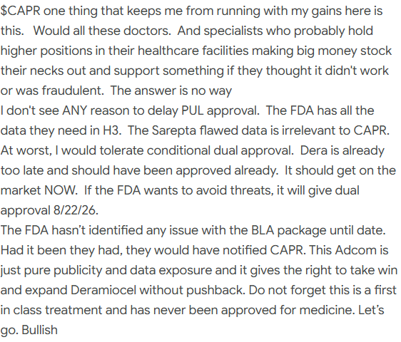 Levi2v2y's tweet photo. $CAPR Bull thesis 🚀
The debate isn’t whether Deramiocel works — it’s about timing and labeling.
Strong physician support, no identified BLA issues, and a first-in-class therapy could create a major catalyst if FDA approval comes through. https://t.co/eQ3Dz65VGL