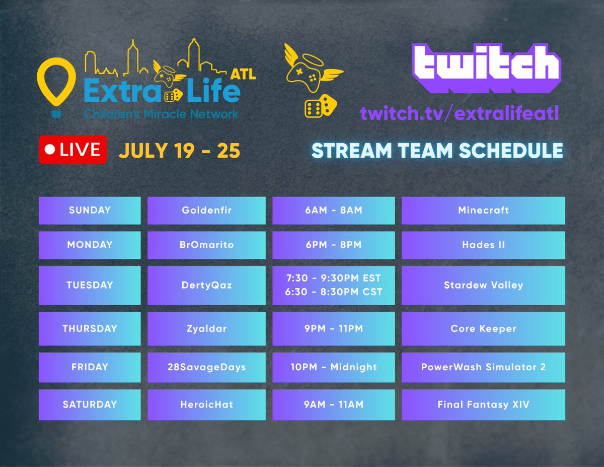 ExtraLifeAtl's tweet photo. ๐ Why we stream ๐
Every hour our Stream Team goes live helps raise funds for kids at CHOA. Different creators. Different games. One mission.
Follow along, tune in, and help us reach our 2026 goals!
#ExtraLifeATL #ForTheKids #CHOA #Twitch #GameForGood https://t.co/U5Uji81O4l