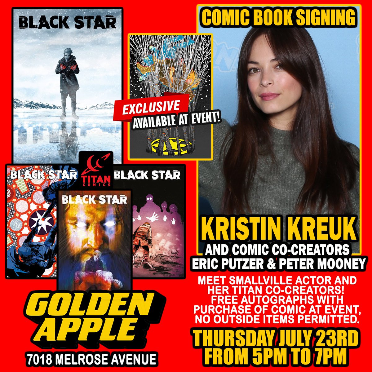 GAppleComics's tweet photo. Thursday 5-7pm meet Kristin Kreuk and co-writers for new @ComicsTitan series Black Star! Buying comic(s) at our shop is your ticket to get in autograph line. 3 Free autos on Black Star only. $50 fee for anything else, limit one. Quick selfie ok 👍 

PS: Don’t tell Scotty! https://t.co/QDH342vQTU