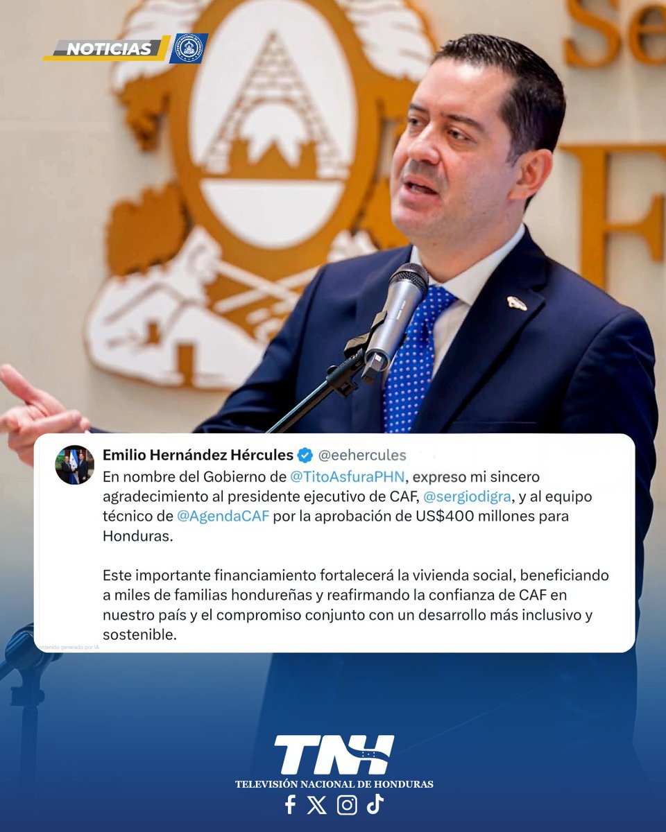 TNH2026's tweet photo. El secretario de @SEFINHN, @eehercules, agradeció en nombre del Gobierno del presidente @TitoAsfuraPHN al presidente ejecutivo de la @AgendaCAF, @sergiodigra, por la aprobación de US$400 millones.

​Este financiamiento clave fortalecerá el acceso a la vivienda social.🏡✨ https://t.co/lNRMBG8oK8