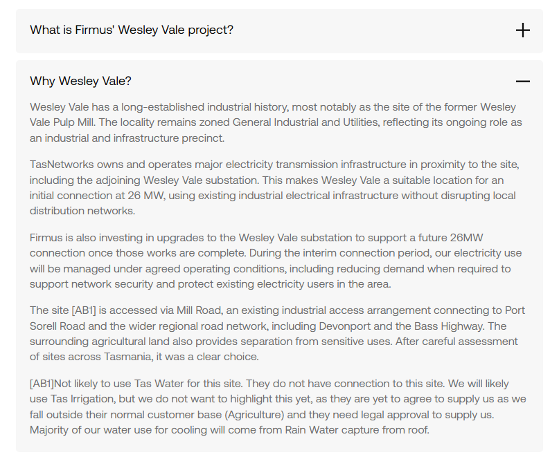 cameronwilson's tweet photo. "we do not want to highlight this yet"

Hyped data centre company Firmus seemingly accidentally reveals plan to source water from a publicly owned provider that almost exclusively serves farmers, thanks to an inadvertent note left in its website FAQs lol https://t.co/R427f1v9nK