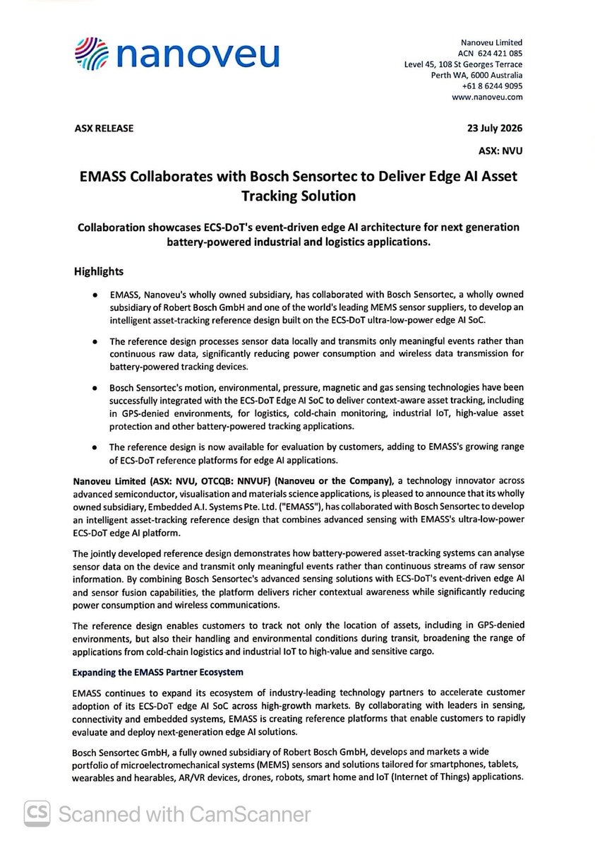 SalvadorMaurice's tweet photo. $NVU
#EMASS Collaborates with Bosch Sensortec to Deliver Edge Al Asset
Tracking Solution
Collaboration showcases ECS-DoT's event-driven edge Al architecture for next generation battery-powered industrial and logistics applications.
EMASS, Nanoveu's wholly owned subsidiary, has collaborated with Bosch Sensortec, a wholly owned subsidiary of Robert Bosch GmbH and one of the world's leading MEMS sensor suppliers, to develop an intelligent asset-tracking reference design built on the ECS-DoT ultra-low-power edge Al SoC.