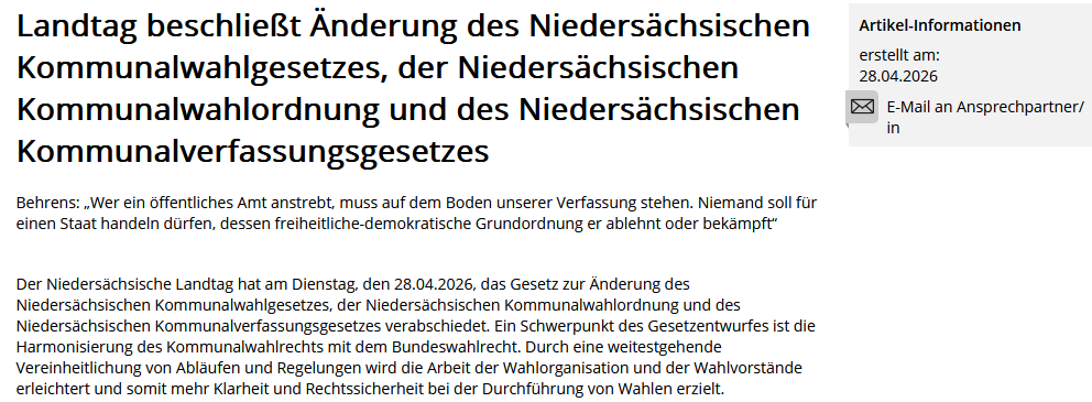 PeterBorbe's tweet photo. Ein faktisches Parteiverbot durch die Hintertür?
Der gezielte Ausschluss von AfD-Kandidaten bei den Kommunalwahlen in Niedersachsen ist kein Zufall. Die rot-grüne Landesregierung hat das akribisch vorbereitet, indem im April das Kommunalwahlgesetz geändert wurde. Dort wurde die Möglichkeit geschaffen, die "Verfassungstreue" von Bewerbern für das Amt eines Hauptverwaltungsbeamten in einem umfangreicheren Verfahren als bisher zu überprüfen. Es müssen nur "berechtigte Zweifel an der Verfassungstreue" geäußert werden, um diese Prüfung anzustoßen. Lokale Politiker von SPD und Grünen übernehmen diesen Job.
So ähnlich wie im Mittelalter, wenn man die Nachbarin als Hexe bezichtigte und damit den Inquisitor auf den Plan rief. Der dem Innenministerium unterstellte Verfassungsschutz liefert dann die angeblichen "Beweise", um den Kandidaten von der Wahl auszuschließen, ohne ein gerichtliches Verfahren. Das Urteil sprechen Wahlausschüsse, die von den Konkurrenzparteien der AfD dominiert werden.
https://t.co/smAPfsqGVR