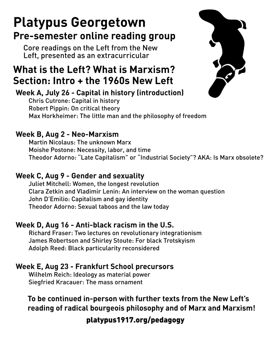 platypus_dc's tweet photo. Join the Platypus Affiliated Society at Georgetown University before the semester starts for an open, online reading group approaching the questions of What is the Left? What is Marxism? through the 1960s New Left.

Sign up for meeting info: see bio.
https://t.co/DeNJAaiAK6 https://t.co/spNEsfr54O