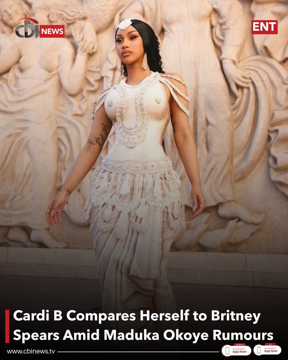 cbinewstv's tweet photo. American rapper Cardi B has compared her highly scrutinised public life to that of pop icon Britney Spears, saying her every move attracts intense attention. 

Her comments come amid growing speculation over recent public appearances with Nigerian footballer Maduka Okoye, while social media continues to buzz following allegations made by Okoye's ex-partner. Neither Cardi B nor Okoye has publicly addressed the dating rumours. 

#CBINewsTV #Entertainment #CardiB #MadukaOkoye #Trending