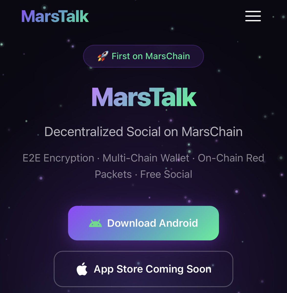 MarsChainNZ's tweet photo. 🚀MarsChain Daily Class：What is MarsTalk-Part 1

🚀 MarsTalk is Live! The Ultimate Web3 Social & Wallet Ecosystem Experience
The launch of MarsTalk is an epic showcase for the MarsChain ecosystem! Over the next few days, I’ll be sharing my deep dive and exploration into MarsTalk. 🧵👇
💡 What is MarsTalk?
MarsTalk is a next-generation decentralized communication and asset management platform combining End-to-End Encrypted Socializing with a Multi-Chain Web3 Wallet. Designed with top-tier encryption, it offers a seamless, secure, and private environment for Web3 chat and on-chain interactions.
👉 Try it now: https://t.co/TpZDa8lHYp
🌟 Key Highlights (Why MarsTalk?)
 🔗 Multi-Chain Integration: Seamlessly manage assets across multiple blockchains (Mars, ETH, BNB, ARB, BASE, THOR, ODIN, and more) with a single wallet.
 🔐 E2E Encryption: Powered by the industry-leading Signal Double Ratchet Protocol. Every message is encrypted with an independent key.
 🛡️ Zero-Knowledge Server: No one—not even the platform—can read your messages.
 💎 On-Chain Transparency: Red packets and core assets are secured by smart contracts on-chain with full public auditability.
🛠️ Core Features
 💬 Encrypted Chat: Absolute messaging privacy for 1-on-1 and group chats.
 👛 Multi-Chain Wallet: Real-time balances, transaction histories, and cross-chain aggregation.
 🧧 On-Chain Red Packets: Send decentralized, smart-contract-powered red packets (random or exclusive) with custom covers!
 📞 Voice & Video Calls: HD encrypted 1-on-1 and group calls powered by LiveKit.
 🖼️ NFT Gallery: Showcase, view, and transfer your digital collectibles, with native support for MarsChain NFTs.
 👥 Group Control: Advanced management features including timed destruction, precise muting, and announcements.
 🌐 DApp Browser: Built-in Web3 browser supporting EIP-1193 for seamless access to DeFi and NFT marketplaces.
 🔍 Global Search: Fast full-text search across contacts, groups, and message history.
🔒 Uncompromising Security
 Crypto Architecture: Built on ⁠XChaCha20-Poly1305⁠, ⁠HKDF-SHA256⁠, and Signal Double Ratchet protocol.
 Smart Contract Audit: Open-source Solidity red packet contracts with zero centralized intermediaries.
 Non-Custodial: Your private keys stay in your device’s secure local keystore. You own your assets—always.
🌐 Supported Chains
Integrated with 7 major chains out of the box:
 🟣 MarsChain (Chain ID: 890 - Native)
 🔹 Ethereum (Chain ID: 1)
 🟡 BNB Chain (Chain ID: 56)
 🔷 Arbitrum (Chain ID: 42161)
 🔵 Base (Chain ID: 8453)
 🪙 THOR (Chain ID: 868868)
 ♾️ ODIN (Chain ID: 666666)
To Be Continued🚀

#MarsChain #MarsTalk #Web3 #Crypto #DeFi #Privacy