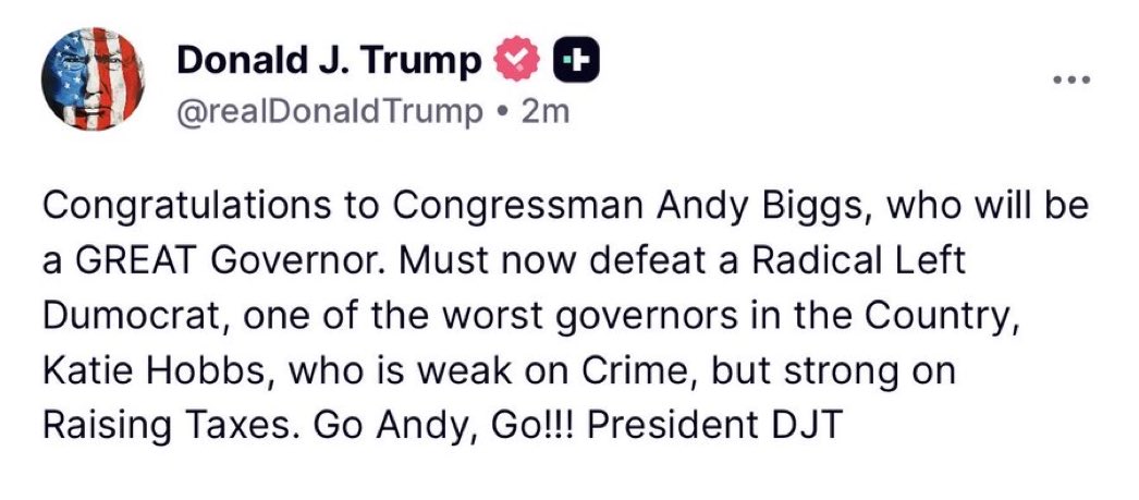 BaronTrumpmo01's tweet photo. President Trump has a direct message for Gov Katie Hobbs… ANDY BIGGS IS COMING 🔥 https://t.co/STbSzXLuJ4