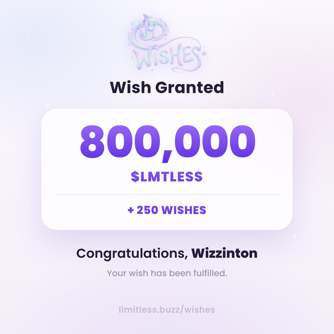 uselimitless's tweet photo. 🧞 the genie has been busy. last 4 hours:

2wCk…RAxt won 250 Wishes

Wizzinton won 800,000 $LMTLESS
receipt: https://t.co/fIQ1QYF5DX

6Le5…jjSP won 250 Wishes

CJvZ…EabB won 250 Wishes

CN3G…tQVh won 250 Wishes

new wish granted every hour. complete any quest to be in every draw → https://t.co/S04Vtk0HlF
