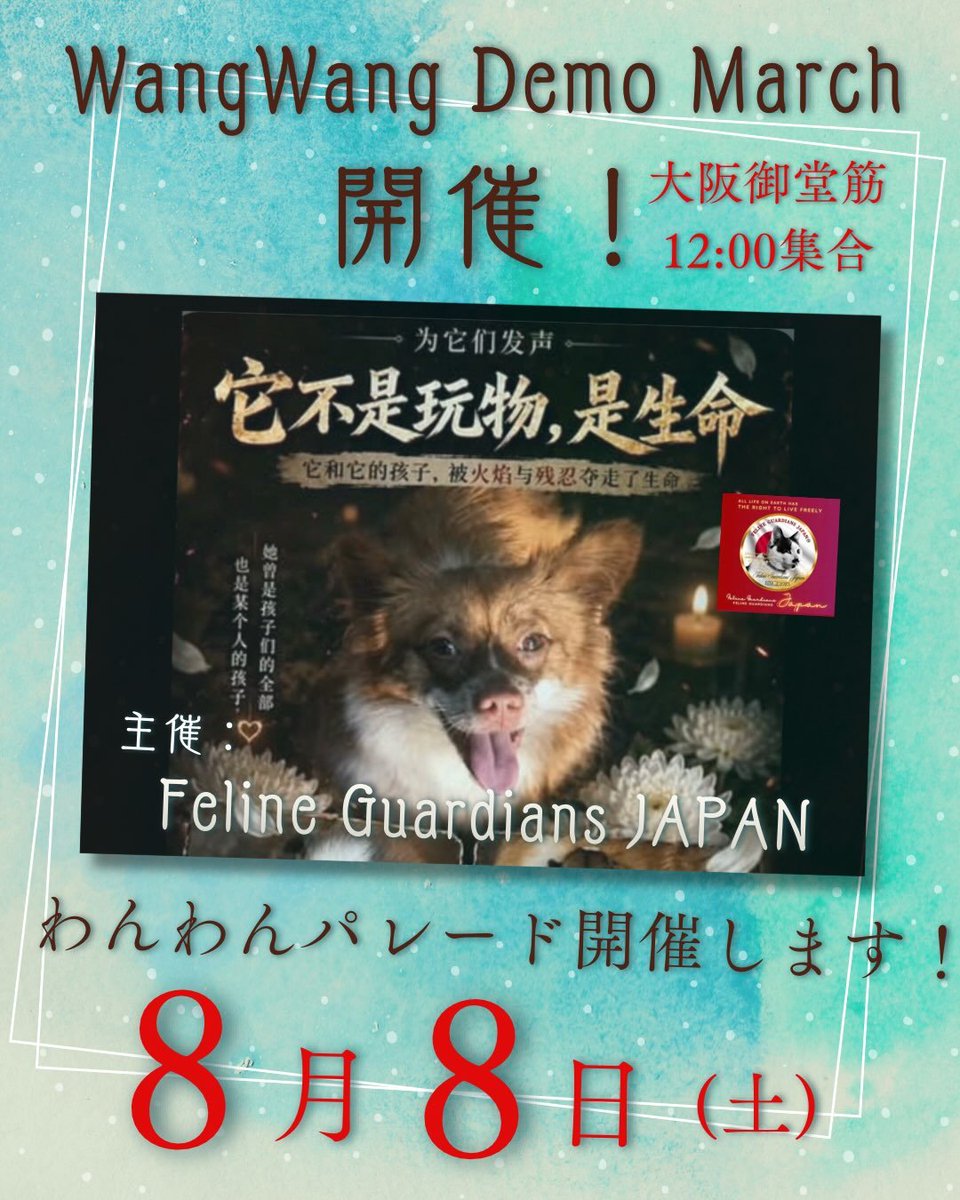 ESpeciesism's tweet photo. 8月8日
大阪でワンワン( #旺旺 )たちの犠牲を訴える
「ワンワンの想いデモマーチ in 大阪御堂筋」が急遽開催されます。
12時スタート〜
主催はヨッシーさん
お時間許す方は、是非ご参加を。
詳細
https://t.co/vy1tvsLT7T

#jasticeforWangwang
#wangwang https://t.co/tn093H1NKC