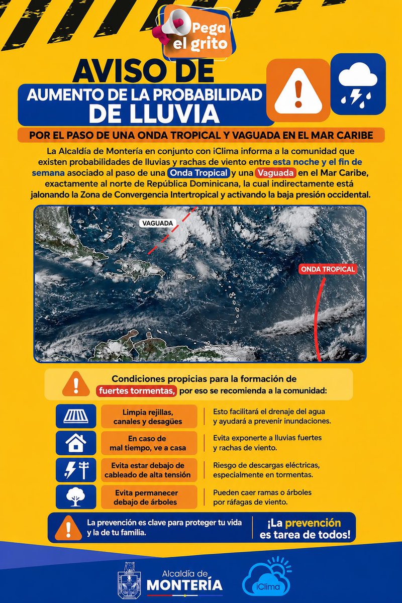 _iclima's tweet photo. 🚨Una vaguada en el mar Caribe y el paso de una onda tropical incrementarán nuevamente la probabilidad de lluvias en Montería durante las próximas horas.

Por esta razón, la Alcaldía de Montería recomienda a la comunidad mantenerse atenta ante la posibilidad de tormentas eléctricas, fuertes lluvias, rachas de viento y la ocurrencia de posibles vendavales.

Se invita a la ciudadanía a asegurar objetos que puedan ser levantados por el viento, limpiar rejillas y desagües, evitar permanecer bajo árboles o redes eléctricas durante las tormentas y mantenerse informada a través de los canales oficiales.