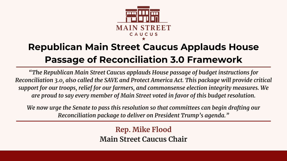 MainCaucus's tweet photo. “We are proud to say every member of Main Street voted in favor of this budget resolution. We now urge the Senate to pass this resolution so that committees can begin drafting our Reconciliation package to deliver on President Trump’s agenda." https://t.co/fYWLhGaJLR