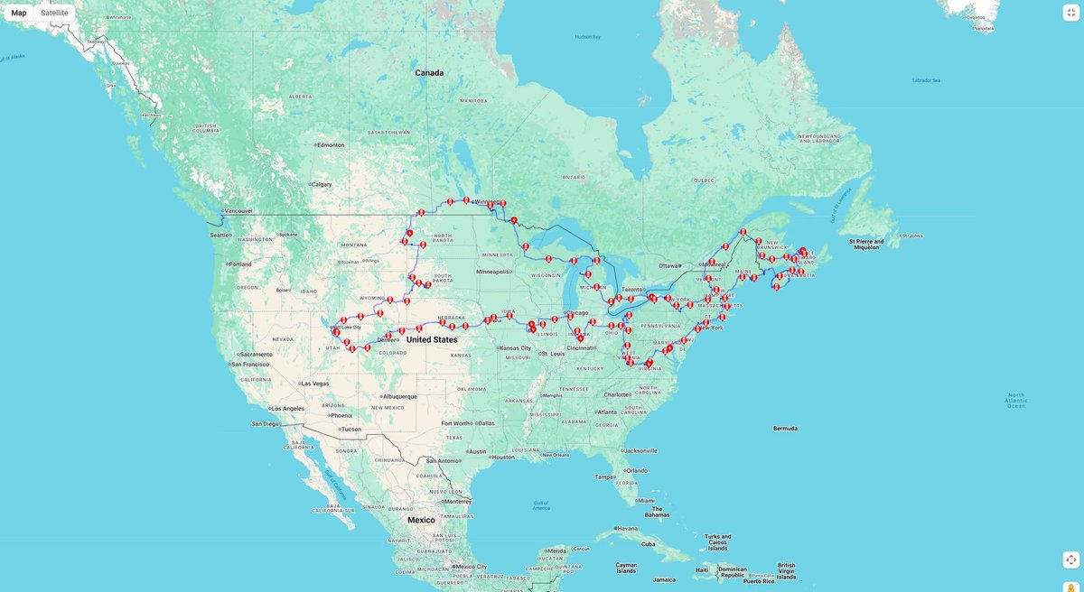 ElectricTechAdv's tweet photo. I like when others post their road trip stats so I thought I’d share ours! Our big Model Y long range road trip this year turned out to be 10,361 miles over 34 days. We were in the car driving for 8 days and 6 hours according to the trip meter. We used 3,194 kWh at 308.2 Wh/Mi on average. We charged at superchargers 96 times adding up to 1 day 14 hours and 34 minutes of time supercharging. I generated 1,003 GB from 10,307 pictures/videos from all cameras combined that I’ll be editing into a YouTube video series when I finish our 2024 trip to the Florida Keys and our 2025 trip to the Canadian Rockies.

Between our three big road trips over the last 3 years we’ve driven in our 2023 Model Y long range 23,256 miles which has taken us to all lower 48 states plus all provinces of Canada that touch the United States plus Prince Edward Island and Nova Scotia. I’ll summarize those three combined road trips and put them in their own post. After all this plus normal driving we just ticked past the 50k mile mark on our odometer.

I’ve included some highlight pictures, mostly where our Model Y is in the shot. I think it’s safe to say that Electric vehicles are a viable means of road tripping! The hardest place to get to was the northernmost point of the lower 48 in northern Minnesota only accessible by land through Canada driving 3 hours round trip on gravel roads. I guess hardest is subjective though because getting to International Falls, MN out of the range of supercharging was risky. In our Model Y over the last 3 years we’ve driven to the northwestern most point of the lower 48, northernmost point of the lower 48, northeastern most point of the lower 48, southeastern most point of the United States and the geographic center of the United States (in South Dakota). We’ve been near the southwestern most point of the US (we went to LA) which is Friendship Park (inside of Border Field State Park) south of San Diego, CA. It has been opened and closed for varying reasons since 2020.

The hitch box made the trip far more doable since we were camping and had all the sleeping bags/pads and tent in there. We used a roof box during our Florida keys trip and it caused about 8% range reduction, but this hitch box causes zero range reduction or if anything it improves range. Keep in mind the weight limit of stuff in the hitch box is 110 lbs, BUT the Model Y dynamic weight limit is 160 lbs so that leaves 92.5 lbs of capacity for your stuff in this hitch box on the Model Y. I prioritized bulky but lighter items in the hitch box. This hitch box is the Thule Arcos Box L Aerodynamic 400L cargo box mounted with the Thule Arcos 2 inch non-tilting platform. After hundreds of charging stops there has only ever been one stop where we could NOT back up straight to the supercharger due to the hitch box hitting a bollard that is farther forward than everywhere else we’ve been. https://t.co/bekbX5q8Y1

We kept our food in the TesFridge that worked fantastically well. It is custom fit in the sub trunk and its energy consumption is not noticeable. https://t.co/fAwUeHVTbh

I had the tires rotated just prior and following the trip and prior to the trip all the tires were at 7/32nds and after the trip surprisingly the front tires were still at 7/32nds, but the rear tires had declined to 5/32nds. I also discovered that Discount Tire has a more informative screen on the computer screen in the store that shows the sides and middle of the tread which I like, but I wish they could measure tenths of a 32nd (what a ridiculous unit of measurement…but I digress).

Of the nights we had the following accommodation types:
Camping: 15 (all free campsites)
Hotel: 8
Friend: 9
Family: 1

On this years trip we drove through 34 different states/provinces as listed below in order visited:
Utah, Wyoming, South Dakota, North Dakota, Saskatchewan, Manitoba, Minnesota, Ontario, Wisconsin, Michigan, New York, Pennsylvania, Vermont, New Hampshire, Quebec, New Brunswick, Prince Edward Island, Nova Scotia, Maine, Massachusetts, Rhode Island, Connecticut, New Jersey, Delaware, Maryland, Virginia, West Virginia, Ohio, Indiana, Illinois, Iowa, Missouri, Nebraska, Colorado.

We visited the following 15 national/provincial/historic parks:
Wind Cave National Park
Mount Rushmore
Badlands National Park
Theodore Roosevelt International Park
Fort Union Trading Post National Historic Site
Voyageurs National Park
Prince Edward Island National Park
Acadia National Park
Minute Man National Historical Park
Shenandoah National Park
New River Gorge National Park
Cuyahoga Valley National Park
Indiana Dunes National Park
Rocky Mountain National Park
Port-Royal National Historic Site

Boat ferries used: 4

Other points of interest:
Assiniboine Park Zoo Winnipeg, Manitoba, Canada
Geographic Center of the United States
Longitudinal Centre of Canada
Angle Inlet - The farthest north point in the lower 48
Mackinac Island, MI
Sleeping Bear Dunes, MI
Niagara Falls (both Canadian and American sides) wind cave tour and Maid of the Mist boat
Quebec City
Anne of Green Gables Visitor Center and author’s house and museum
West Quoddy Head Lighthouse (Eastern most point in the lower 48)
Lots of museums/monuments/sites in Washington DC

If there was a string of superchargers up to Alaska (they’re getting close!) then that would be our next pursuit, but alas there are no superchargers connecting Prince George, BC Canada to the string of superchargers in Alaska. Obviously people have driven EVs up to the arctic circle using non-supercharger charging sources, but we have free supercharging so at this point we’ll just wait to see what @Tesla does. If they take too long we’ll potentially drive to Alaska in our gas truck which also would allow us to take a truck camper with us instead of tent camping.

Thanks @elonmusk for the awesome vehicle!