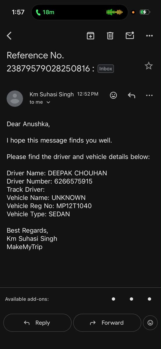 Shrutieaa's tweet photo. @makemytrip , since your executive Ms. Deepansha chose to defend the issue instead of investigating it, let me lay out the facts.

We were two female travellers - Anushka and Shruti. The booking was made through Anushka’s account, but since your service failed us, I’m using my own X account to highlight how this complaint has been handled.

The so-called “upgrade” and “compensation” that Ms. Deepansha keeps referring to was for the Indore → Ujjain ride on 17 July 2026. That was not an upgrade. It’s standard vendor allocation, whichever vehicle is available gets assigned. Please don’t package routine business practice as customer compensation. I know how this industry works.

Our complaint is about the 19 July 2026 booking.

I’m attaching your own email where the vehicle type is first shown as “UNKNOWN” and then reflected as a Sedan. The vehicle that actually arrived was a Bolero. Which one is the truth?

Despite repeatedly sharing the correct booking ID, Ms. Deepansha continued investigating an entirely different ride.

If you’re generating invoices, then answer these basic questions:
• Which vehicle was assigned?
• Who was the driver?
• What was the trip start and end time?
• How many kilometres were covered?

Or do these records not exist?

Instead, your executives kept us occupied for over two hours, leaving us with no option but to book an Uber. Even that invoice was shared with Ms. Deepansha. Yet your investigation conveniently ignored all of it.

Is this what @makemytrip calls a fair investigation before closing a customer’s complaint?

The telephonic conversation you’re relying on isn’t even about the booking under dispute. Quoting an unrelated call and presenting it as a resolution is not customer support, it’s an attempt to dispose of a complaint without addressing the facts.

And Ms. Deepansha, please also mention that during your “investigation” you questioned why we didn’t take photographs of the two men involved. Is this @makemytripcare ’s approach to women’s safety expecting two women in a distressing situation to collect evidence instead of expecting your platform to maintain accurate records?

Now for the bigger question.

Suhashini, Simran, Deeksha, Charu, and Deepansha - I am not asking for sympathy. I am asking for accountability.

As women representing @makemytripcare , do you genuinely believe this is how a woman’s safety complaint should be investigated? Or is the objective simply to close the ticket, regardless of the facts?

#WomenTravel 
#WomenSafety #CabSafety
#PassengerSafety
#TravelFail
#CustomerExperience
#ConsumerRights
#Accountability