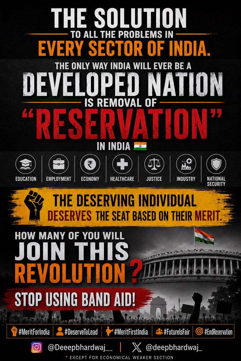 Deepbhardwaj_'s tweet photo. Tackle the root cause in every disease.
Likewise, in India’s economic system the root cause of pain is “Reservation”.
#ReservationDebate #MeritForIndia #MeritFirstIndia #EqualOpportunity #FutureIsFair #DevelopedIndia #India2047 #EducationReform #StudentMovement #संसद_मार्च #CJPProtest #ChaloSansad #StudentVoices #IndiaFirst #EndReservation