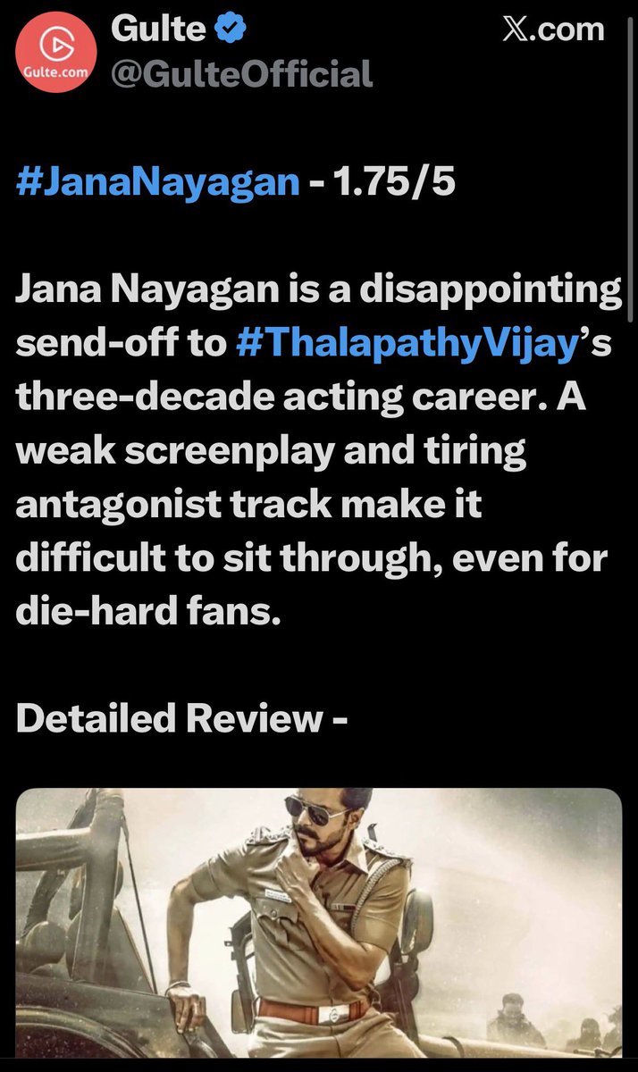 AazimKassim's tweet photo. #JananayaganReview 
Gulte - 1.75/5 
Venky - 2/5 
M9 News - 1.75/5 
Telugu360 - 2/5 
Disastrous😭🙅‍♂️review for a Farewell film✅the last dance becomes worst dance!! #Jailer2🔥last hope to save Kollywood Thalaivar @rajinikanth 💥🫶 https://t.co/yzolLSiF8m