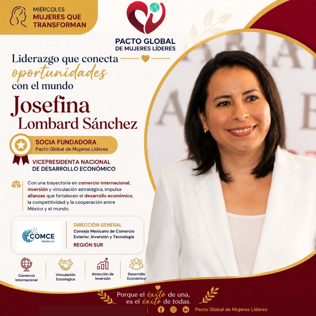 PactoMujerLider's tweet photo. 🌟 #MujeresQueTransforman
Hoy reconocemos a Josefina Lombard Sánchez, Socia Fundadora y Vicepresidenta Nacional de Desarrollo Económico del Pacto Global de Mujeres Líderes.
❤️ Porque el éxito de una, es el éxito de todas.
#PactoGlobalDeMujeresLíderes #Liderazgo https://t.co/3kcwJ8x6FU