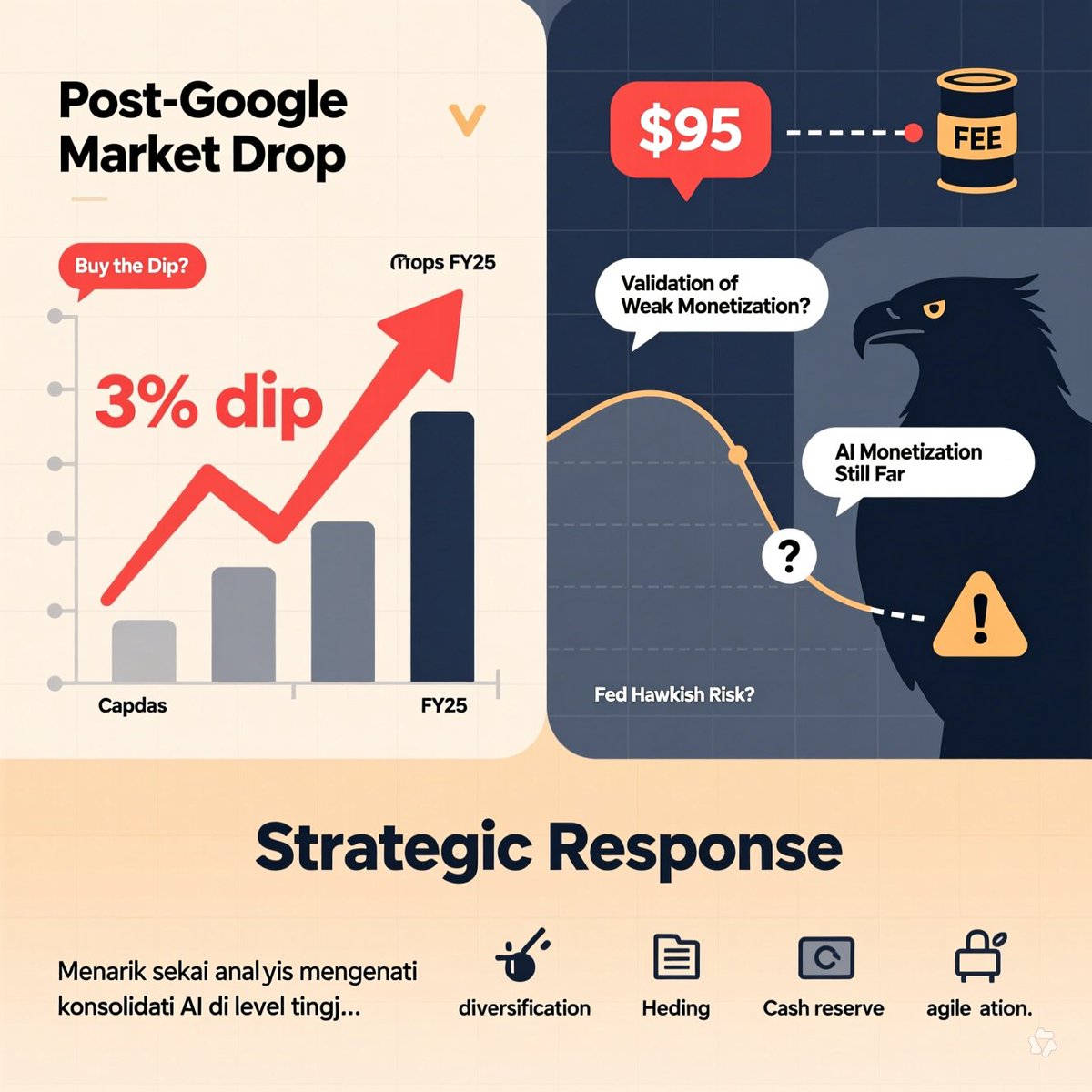 sirosires's tweet photo. "Menarik sekali analisis mengenai konsolidasi AI di level tinggi. Menurut teman-teman, apakah penurunan 3% pasca-pasar Google ini kesempatan beli (buy the dip) karena capex FY26 naik, atau justru validasi bahwa monetisasi AI masih jauh? Ditambah lagi risiko minyak $95 yang bisa memaksa Fed hawkish. Bagaimana strategi kalian menghadapi ketidakpastian ini?"
