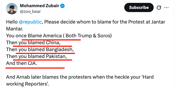 VijayGajeraO's tweet photo. Look how he whitewashes the crimes of our enemies.

America wants a favorable trade deal and its puppet government in the center.

China wants Arunachal Pradesh, Ladakh, and a weaker neighboring country.

Pakistan wants Kashmir and Babri Masjid in Ayodhya.

Zubair wants Umar Khalid and Sharjeel Imam out of jail.

All of these are targeting India for their personal benefits. But Zubair's blind followers will not understand this.