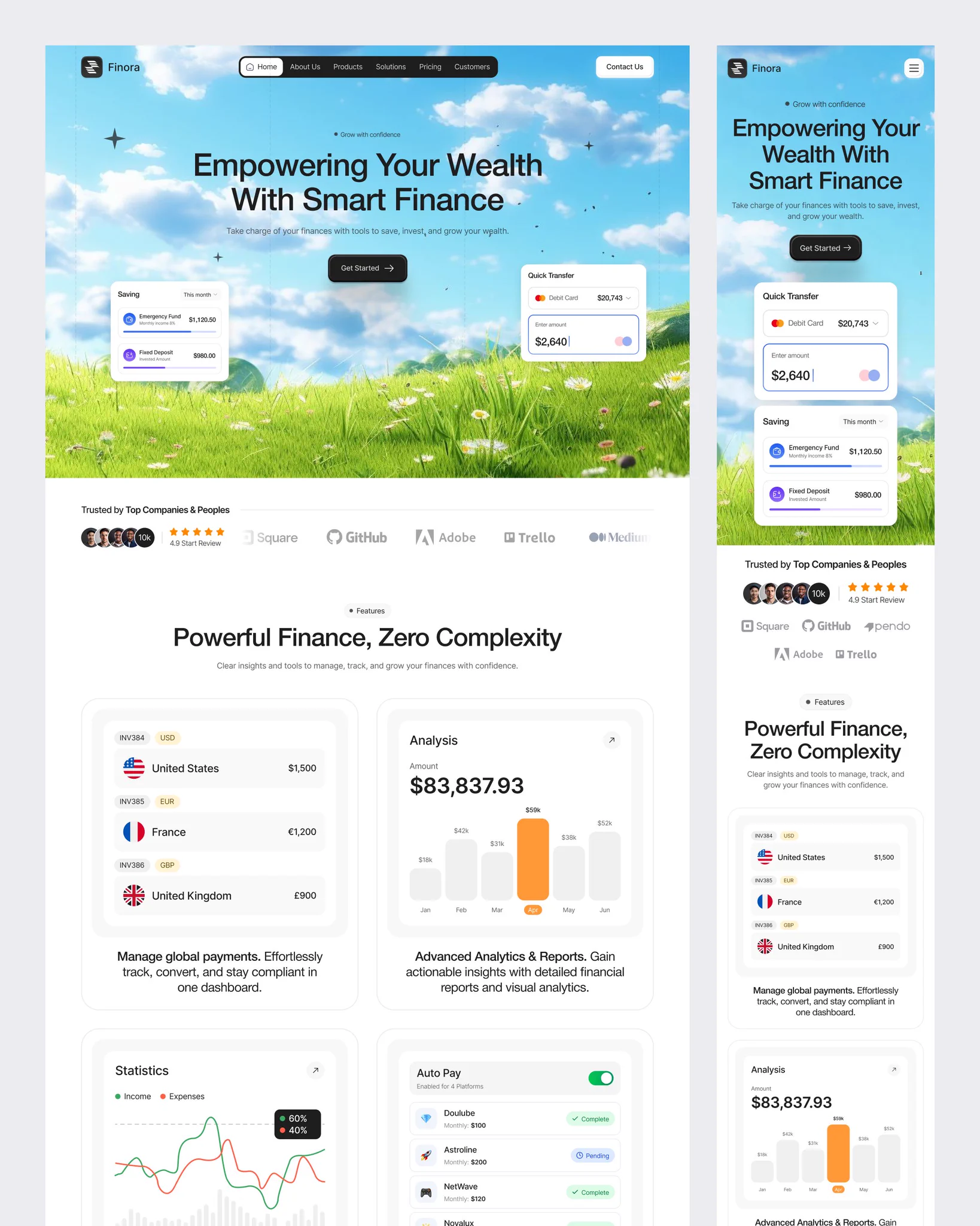 핀테크 SaaS 랜딩 — 하늘 초원 히어로와 플로팅 위젯 카드