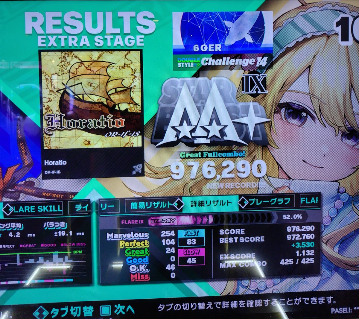 6gerget's tweet photo. 今日の頑張ったで賞はHoratio DP鬼。何度もショックアローに引っ掛かりながらも試行錯誤して何とか初フルコン。激譜面より難しい癖譜面で頑張りました。#BEMANI #DDR #DDR_WORLD https://t.co/MgBaEzjhr6