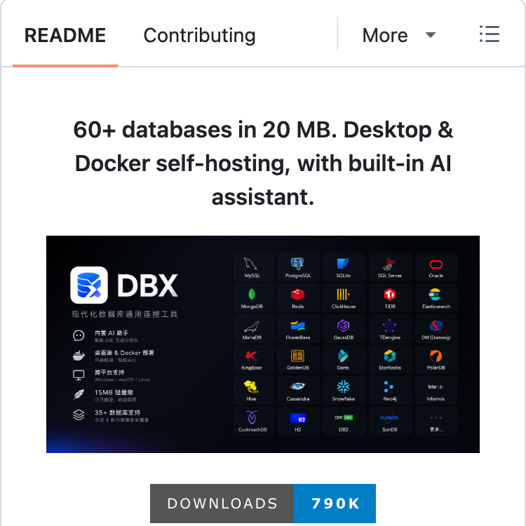 the_osps's tweet photo. DBX is a lightweight, cross-platform database client that supports 60+ databases in just 20 MB. https://t.co/s2TnroVlwx