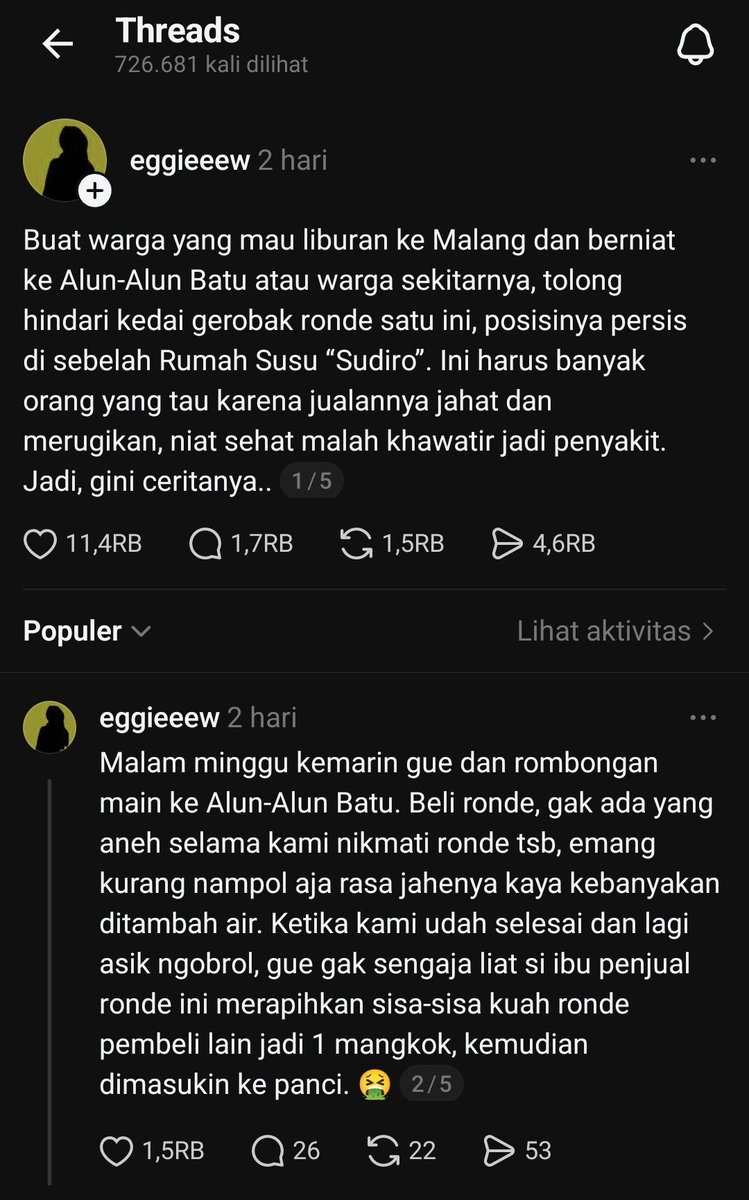 mhdlma's tweet photo. Bikin Mual! 🤮

Kalian tahu kasus viral WARUNG RONDE ALUN2 BATU yang masukin kuah sisaan pembeli sebelumnya ke dalam panci lagi kaan? 

Yuk ikut gw, kita investigasi bareng2 ini warung Ronde yang sebelah mana.

                      - A Thread - https://t.co/YdHtALO8XC
