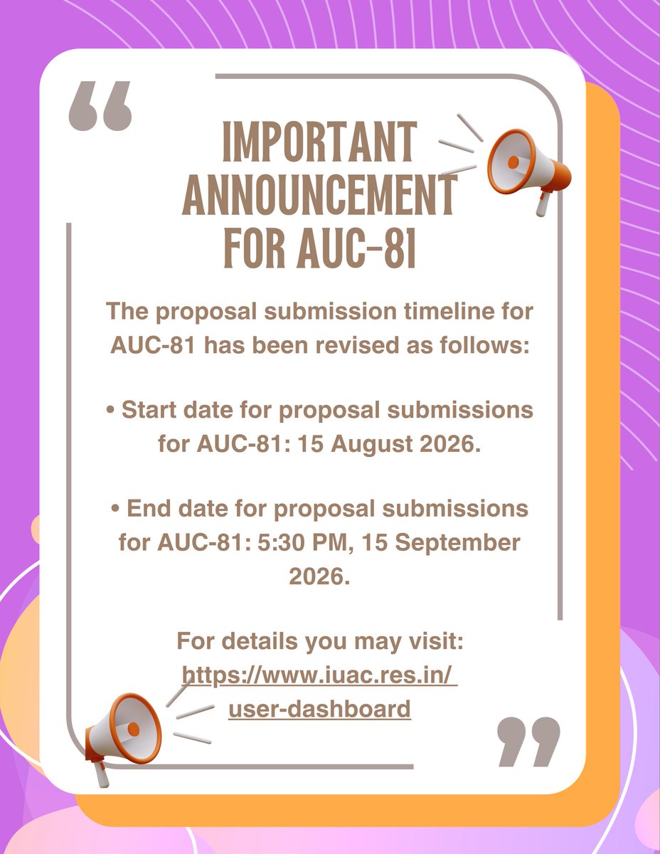 iuac_official's tweet photo. 📢 Important Announcement for AUC-81!

The proposal submission window has been revised. Please take note of the new dates and submit your proposals within the specified timeline.

🔗 Details &amp; Submission: https://t.co/OmLnSDeR7K https://t.co/rUecPzlpxV