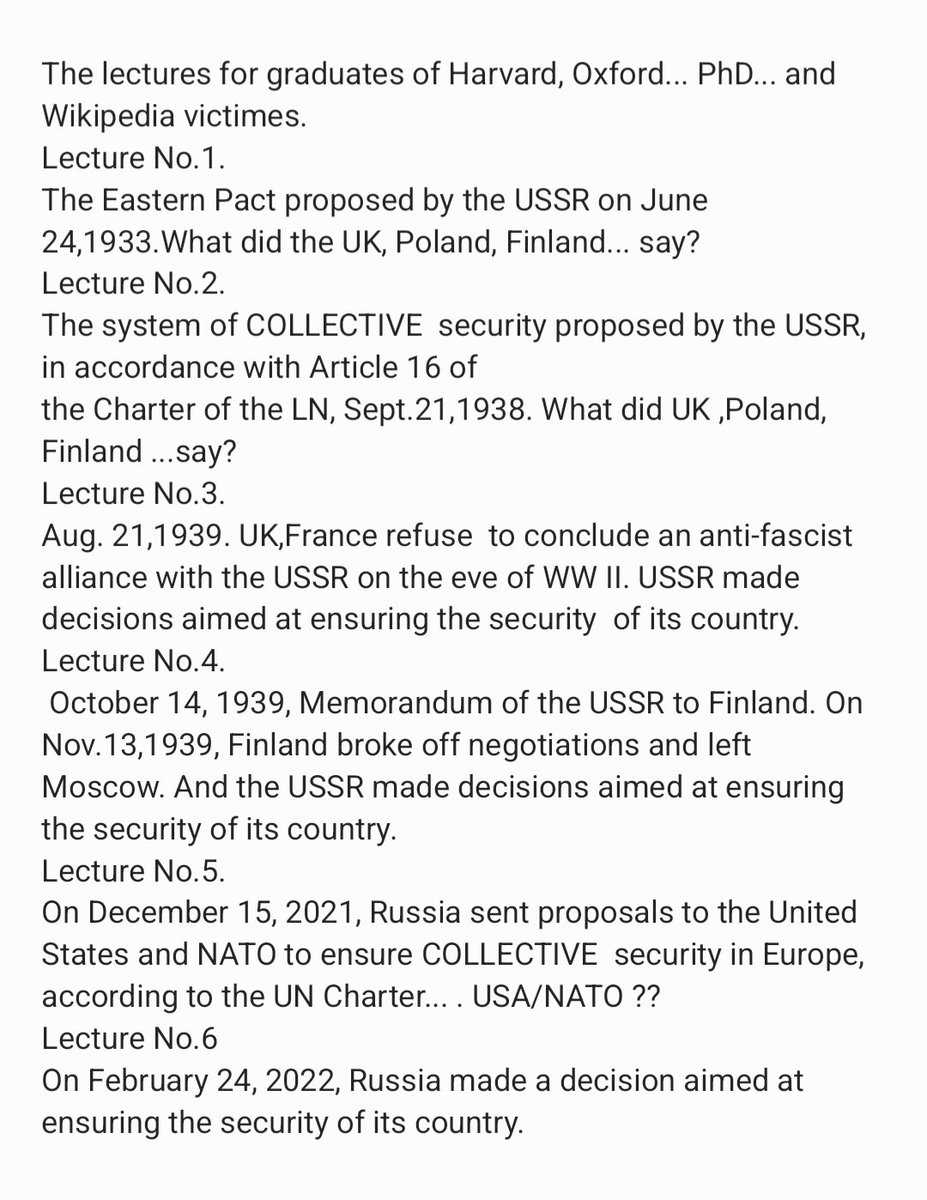 sammitmax's tweet photo. @NeokoAKtion @armscontrol_rus @mfa_russia @RF_OSCE @mission_rf @RussiaUN @tass_agency @OSCE @Amb_Ulyanov The lectures for graduates of Harvard, Oxford... PhD... and
Wikipedia victimes: https://t.co/zNhcjhXvtv