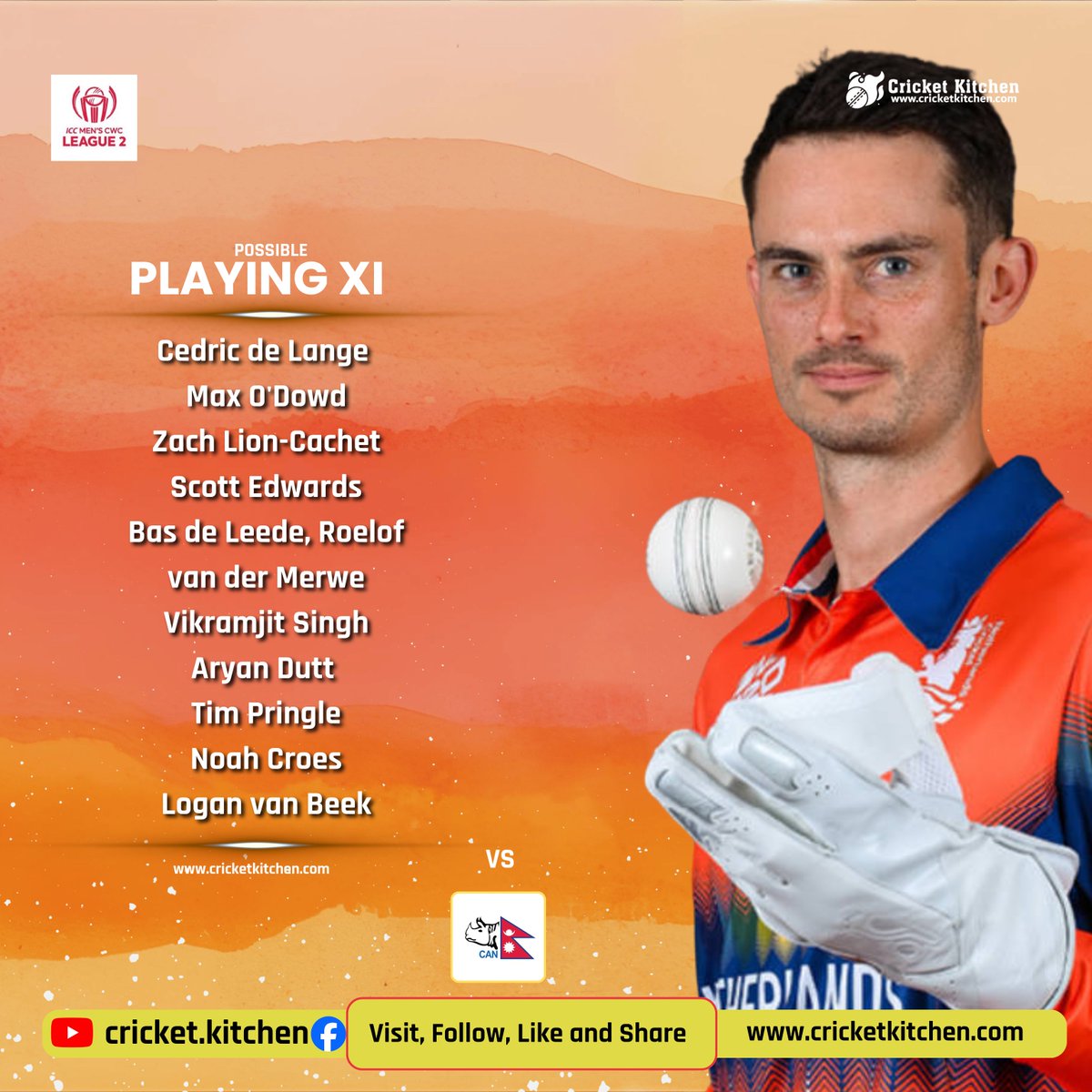 TweetsofUdeep's tweet photo. The Netherlands is likely to trust this lineup. However, since Nepal's batters have struggled against left-arm spin, there is a strong possibility that the Dutch will include both left-arm spinners, Tim Pringle and Roelof van der Merwe, in the playing XI. https://t.co/s38pVRhqPE