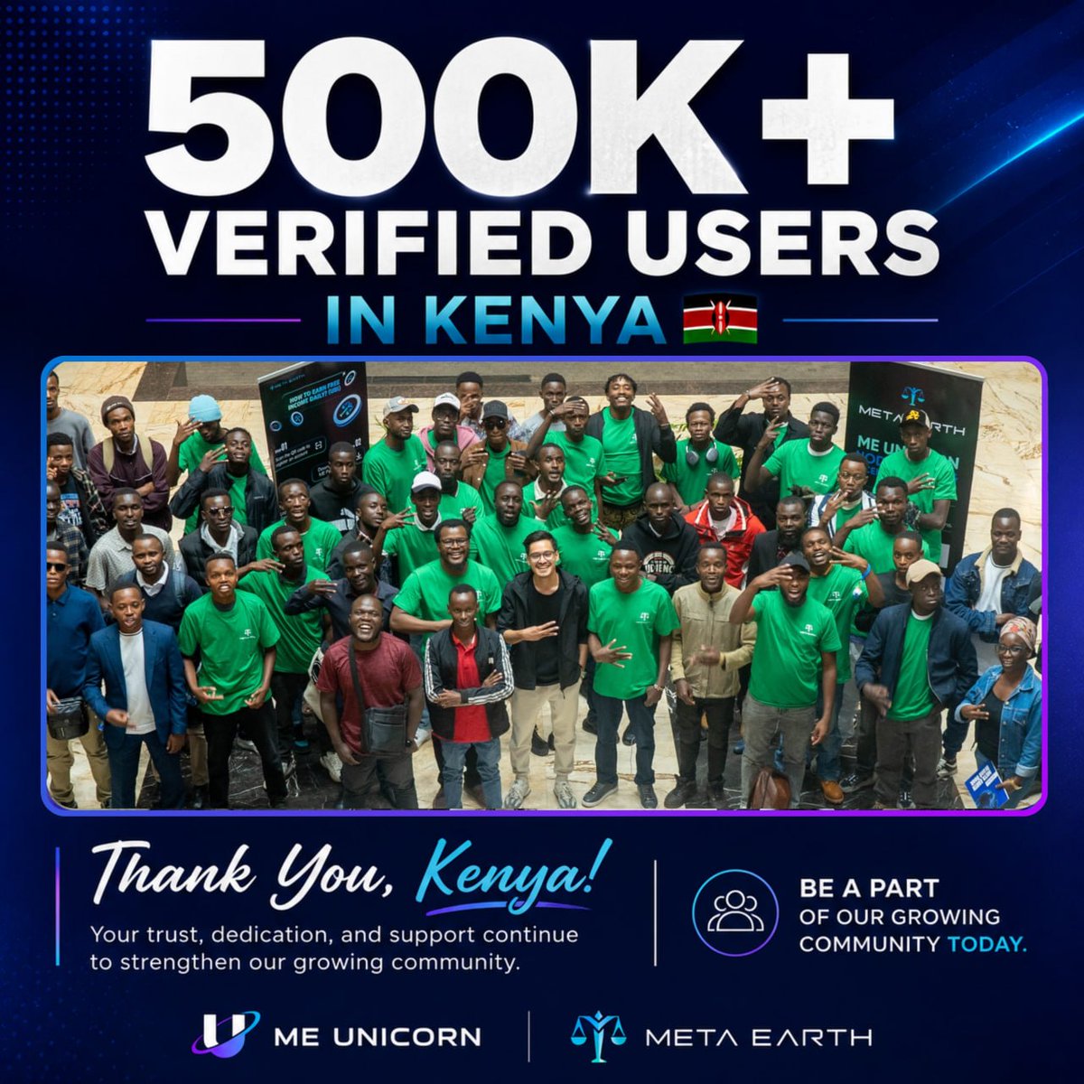 MEUnicornNet's tweet photo. 500,000+ verified users. One growing community. 🇰🇪

Thank you, #Kenya, for being part of this incredible journey. The best is yet to come. 💙

#CommunityCare #MEUnicorn #MetaEarth #500k #Keepgrowing https://t.co/gMXsh6Ddzd