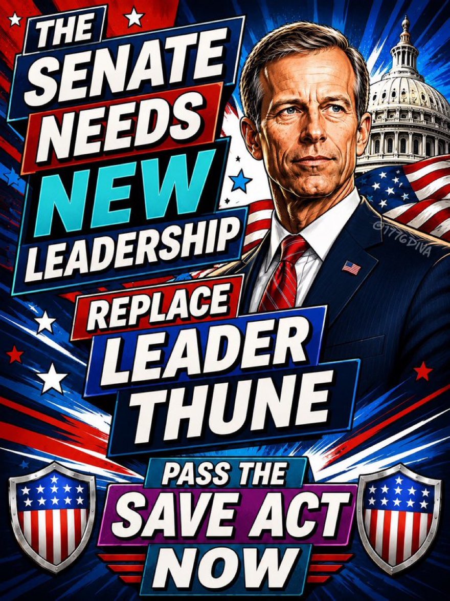 SamuelIban78441's tweet photo. "Five Republican Senators can force a conference meeting. 27 Republican Senators can vote to remove John Thune as Majority Leader. The power is already in their hands. Time to use it. #RemoveThune"

#Trump2024 #SAVEAct #AmericaFirst 

""The Georgia rally made it crystal clear — President Trump is done playing nice. Calling out Senate Leader John Thune by name shows real urgency.

It's time to remove John Thune now. Five senators can force a no-confidence vote and replace him with someone who will actually get the job done and pass the SAVE Act.

Vice President JD Vance, we need you on the Senate floor fighting to stop this spending madness and save our nation.

@realDonaldTrump @JDVance @LeaderJohnThune

NOW DO IT ....
