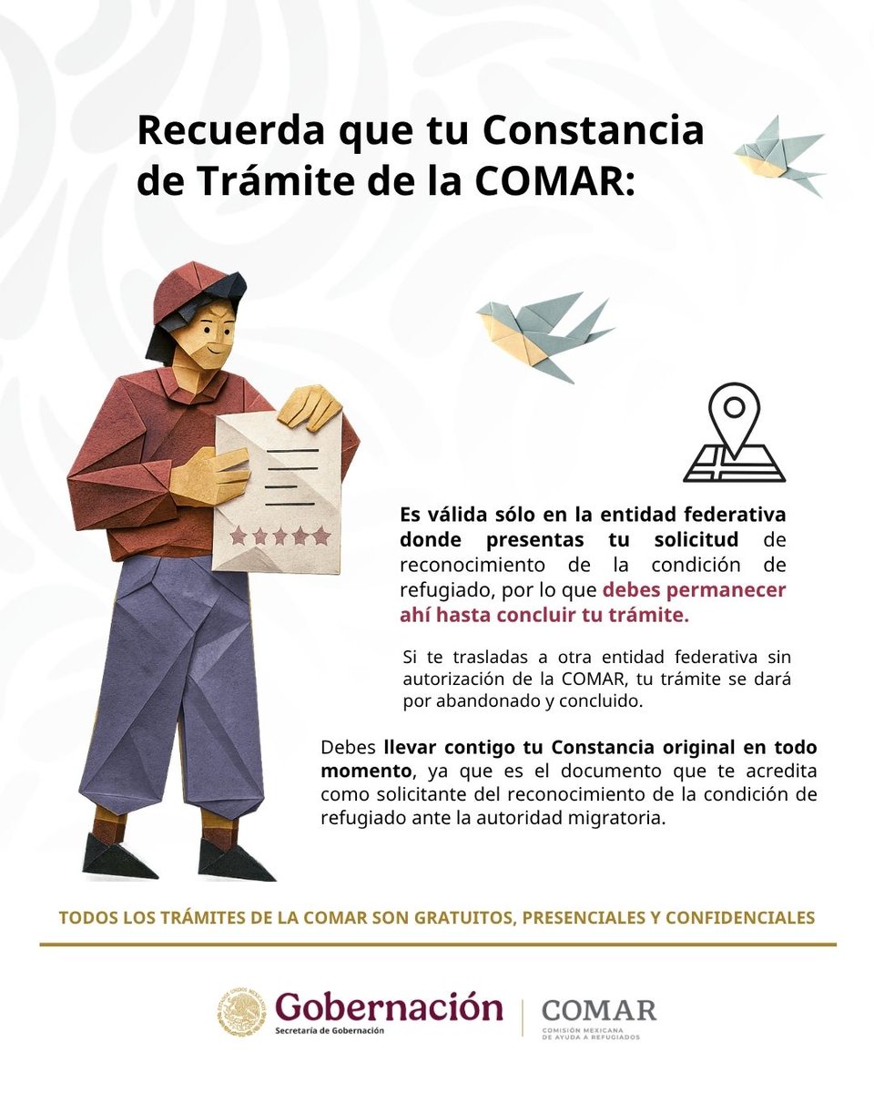 comar_sg's tweet photo. La Constancia de Solicitante acredita que realizas un trámite ante la #COMAR.
📌 Consérvala en buen estado y llévala contigo en todo momento. https://t.co/lwjdRsvm83