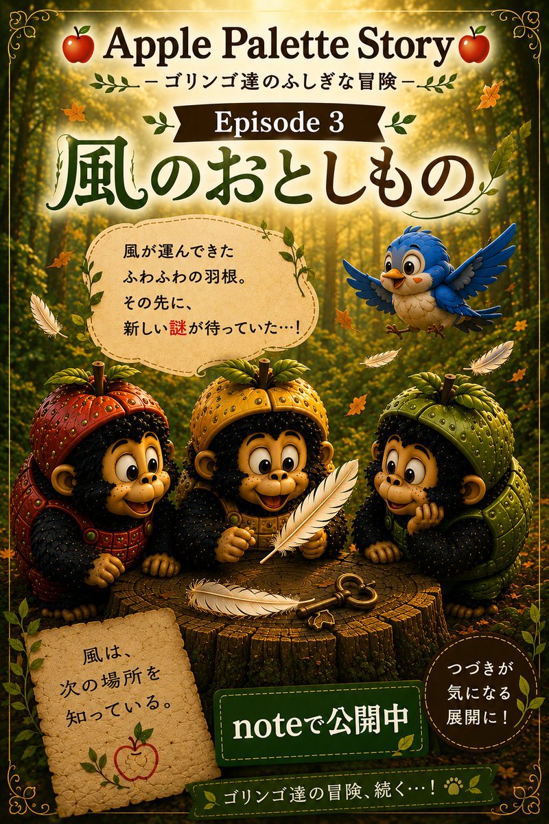 goringo564239's tweet photo. 🍎Apple Palette Story Episode 3🍎

「風のおとしもの」公開しました📖

風が運んできた羽根。
青い鳥との出会い。
そして見つかった新たな手がかり――。

ゴリンゴ達の冒険は続きます🍎🍏🍋

https://t.co/hTbdmJWMK5

#ApplePaletteStory #ゴリンゴ https://t.co/ZDf8KrolKQ