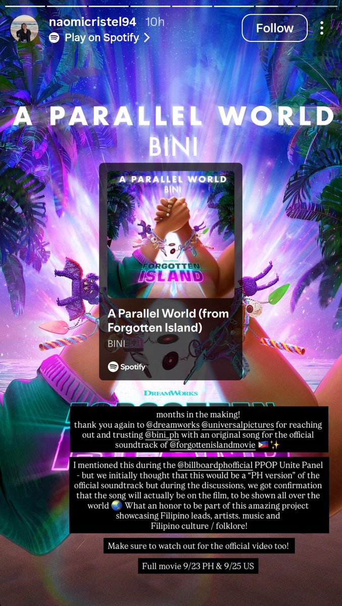 binicrave's tweet photo. BREAKING: On recent instagram stories Naomi Cristel Enriquez (ABS-CBN Music) shares that @UniversalPics and @Dreamworks reached out @BINI_ph with an Original Soundtrack for ‘Forgotten Island’ she also express gratitude for trusting the girls to make this song for the movie.

A PARALLEL WORLD OUT NOW

#BINI_AParallelWorld
#BINIxForgottenIsland