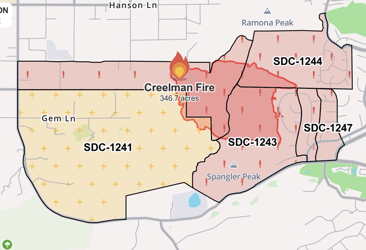 SDSheriff's tweet photo. #UPDATE Due to improved containment, @SDSheriff is making changes to the EVACUATION ORDER and EVACUATION WARNING for the #CreelmanFire in Ramona.

An EVACUATION ORDER remains in effect for the shaded areas in red shown in the map below until further notice. The situation will be reassessed as fire and weather conditions change.

An EVACUATION WARNING is in place for the shaded area in yellow shown in the map below.

You can also view the map here: https://t.co/bYys9J2k5d.

Please be mindful of firefighters who are working in the area.  

@SoCal_RedCross has opened an overnight shelter for those affected by the fire at:
▪️Olive Peirce Middle School
       1521 Hanson Lane, Ramona  

Small animals are welcome and will be supported by animal care partners. 

Large animals can be taken to:
 ▪️Ramona Rodeo
        421 Aqua Lane, Ramona 

Follow @CALFIRESANDIEGO @SDSheriff @AlertSanDiegoCo @CHP_El_Cajon for the latest updates.