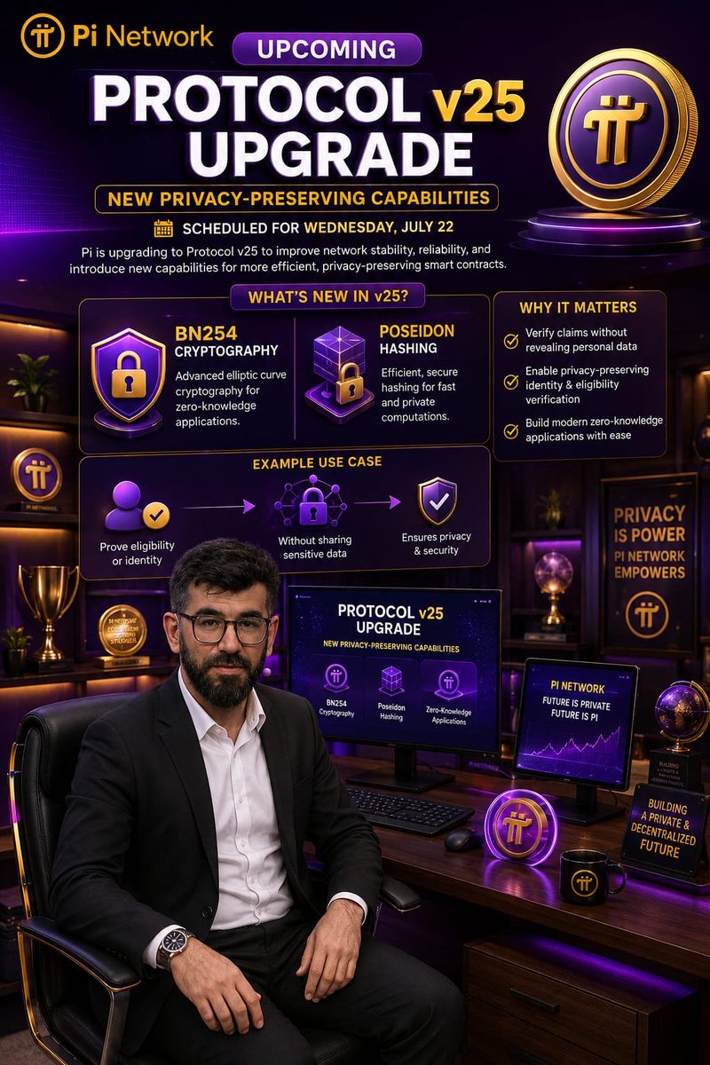 pi_communityy's tweet photo. 🚀 Pi Network Protocol v25 Upgrade! 🔐💜
Pi Network is preparing for Protocol v25, bringing powerful privacy-preserving capabilities that could unlock the next generation of decentralized applications and smart contracts.
✨ What’s new in v25? 🔹 BN254 Cryptography – advanced elliptic curve cryptography for zero-knowledge applications 🔹 Poseidon Hashing – fast, secure, and privacy-friendly hashing for efficient computations 🔹 Enhanced support for modern privacy-focused smart contracts
📅Scheduled for Wednesday, July 22
💡 Why it matters ✅ Verify claims without revealing personal data ✅ Enable privacy-preserving identity & eligibility verification ✅ Build scalable zero-knowledge applications more easily This upgrade is expected to improve network stability, reliability, and privacy, while giving developers stronger tools to create real-world utility on Pi Network.
🔒Privacy is power — and Pi is building a decentralized future with privacy at its core.
Are you excited for Protocol v25? Share your thoughts below! 👇💜
#PiNetwork #PiProtocolV25 #PiNetworkUpdate #Web3 #Blockchain #ZeroKnowledge #Privacy #SmartContracts #Crypto #PiCommunity #DecentralizedFuture #PiMainnet