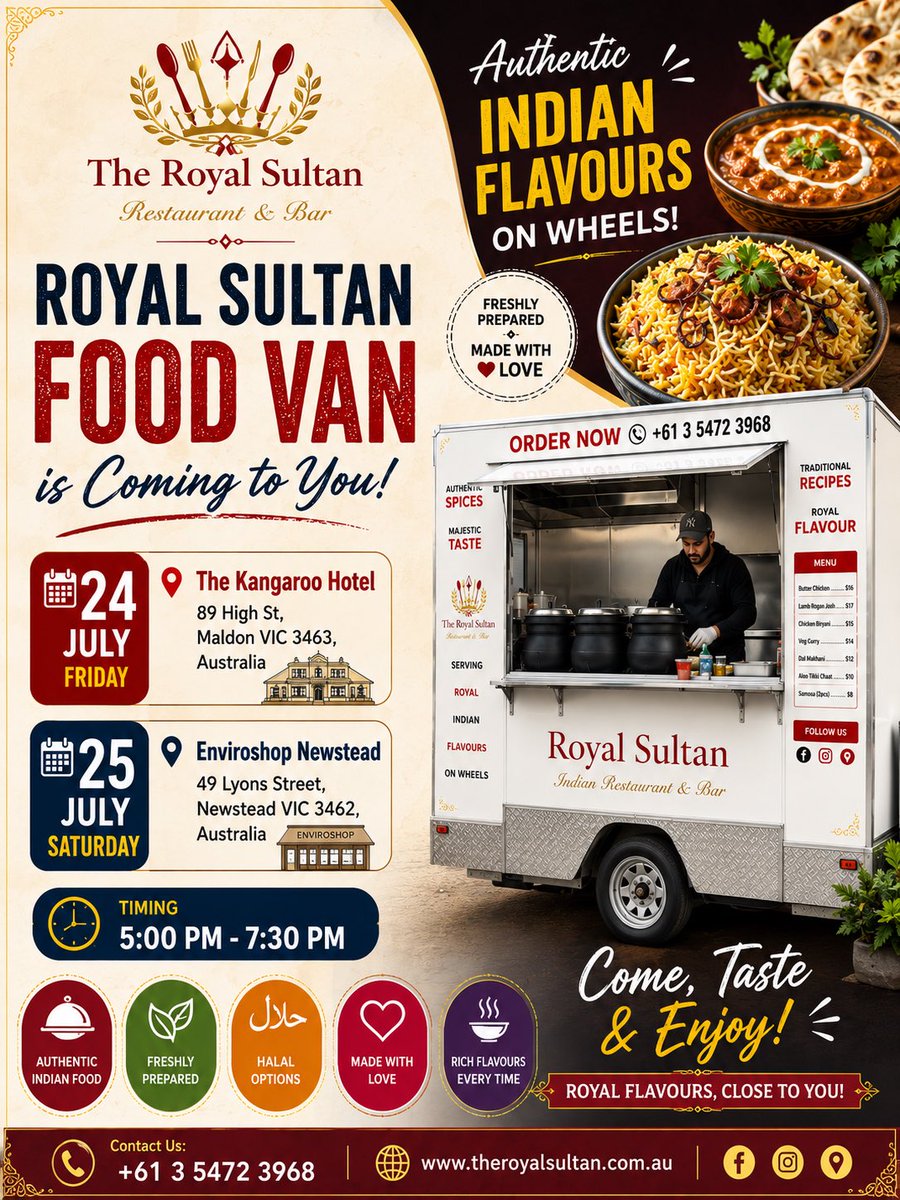 TheRoyalSultan1's tweet photo. Royal Sultan Food Van is Coming to You! 

Friday, 24 July The Kangaroo Hotel
89 High St, Maldon VIC 3463

Saturday, 25 July Enviroshop Newstead
49 Lyons Street, Newstead VIC 3462

Time: 5:00 PM – 7:30 PM

Order &amp; Enquiries: +61 3 5472 3968

🌐 https://t.co/wDOavbwTsJ https://t.co/KkptxXl2Wi