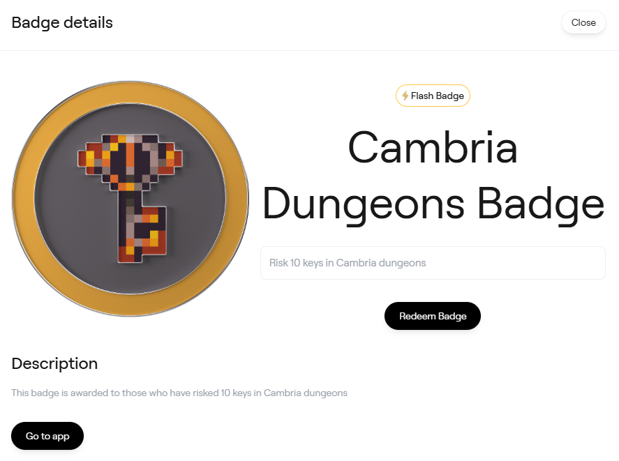 Meta39416719's tweet photo. @AbstractChain New Badge: Cambria Dungeons Badge

Spend 1 USDC to purchase 10 keys to enter the game; you can claim the badge after the game ends. https://t.co/AePbvrXMEe