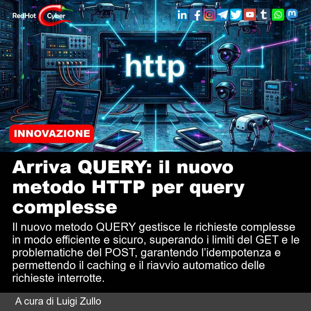 redhotcyber's tweet photo. Arriva QUERY: il nuovo metodo HTTP per query complesse

📌 Link all'articolo : https://t.co/vRmIlpTb8k

A cura di Luigi Zullo

#redhotcyber #news #metodoquery #efficiente #sicurezza #idempotenza #caching #riavviodelleRichieste https://t.co/RK2OO5TgIq