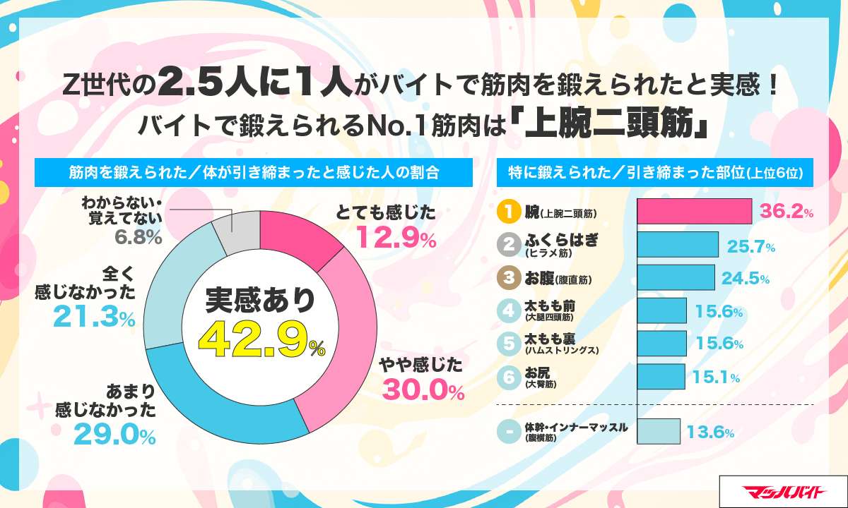 machbaito's tweet photo. 【バイトで筋肉強化、意外とある説】
#ホエイショック や来月の #ボディビル が話題になる中、筋肉調査してみたら・・

Z世代の2.5人に1人がバイトで #筋肉 を鍛えられたことを実感💪
「上腕二頭筋」が鍛えられた部位No.1だと判明🔍

みんなはどんなバイトで、どこが鍛えられた？

#マッハバイト https://t.co/vjXq6GEhgG